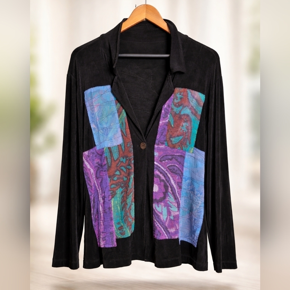 Chico’s Travelers Black Patchwork Open Front Jacket Artsy Boho Top Size 3.